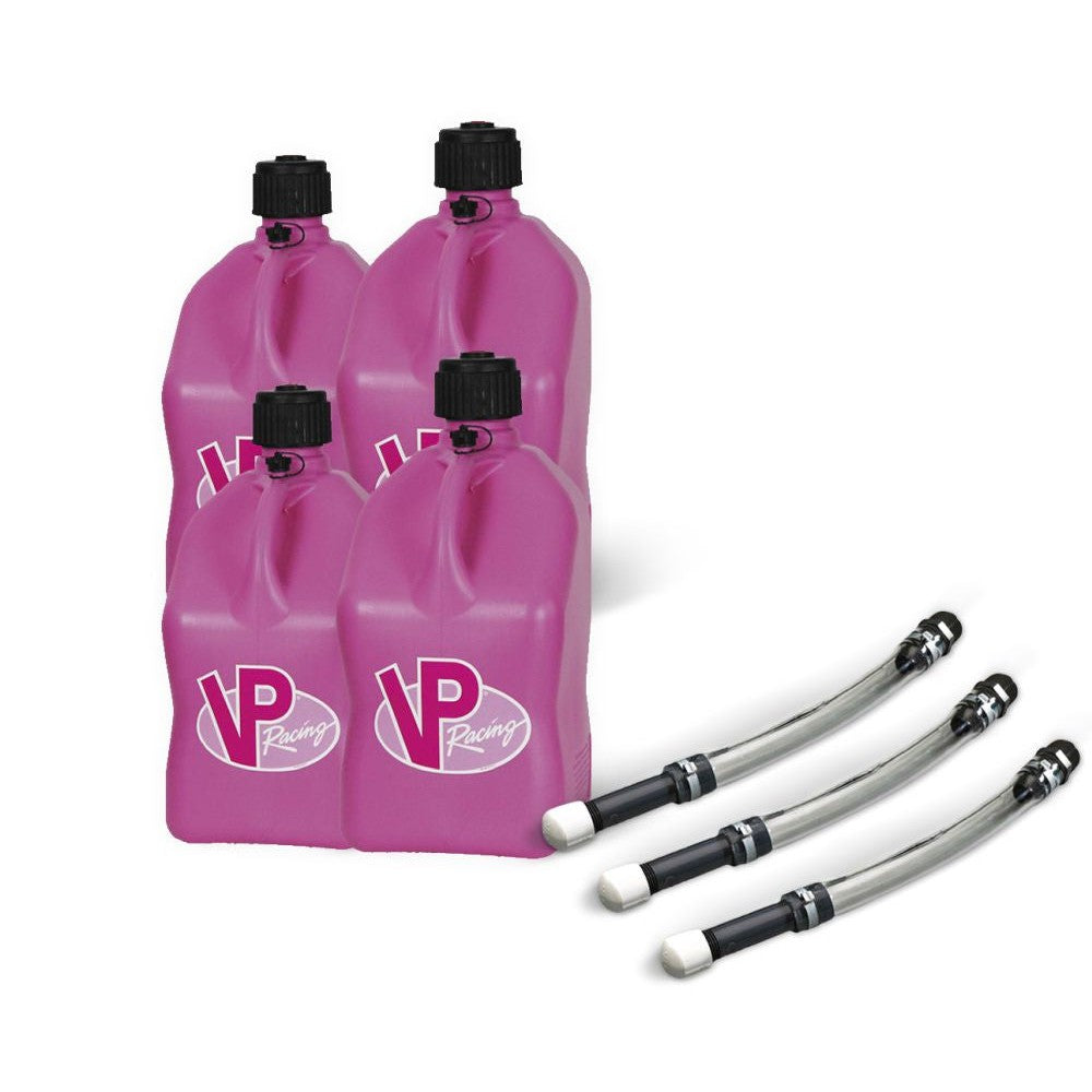 VP Racing 4 Pack Pink 5.5 Gallon Square Utility Jugs + 3 Deluxe Fill Hoses
