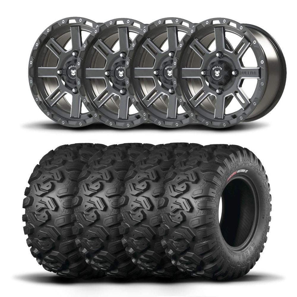Set of Four Bullite Lancer Wheels 14" Gray And Kenda K3201 Mastodon HT Tires [28x10R-14]