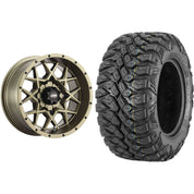 Set of 2 Mounted Wheel and Tire Kit Wheel: 14x7 4+3 4/156 Tire: 28x10-14 8 Ply