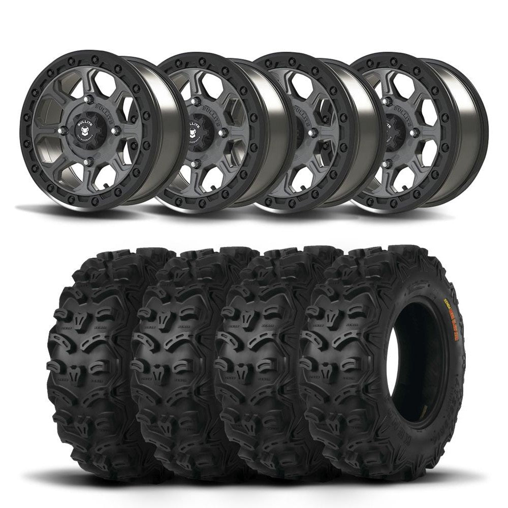 Set of Four Bullite Ruler Wheels 14" Gray And Kenda K587 Bearclaw HTR Tires [28x9R-14]