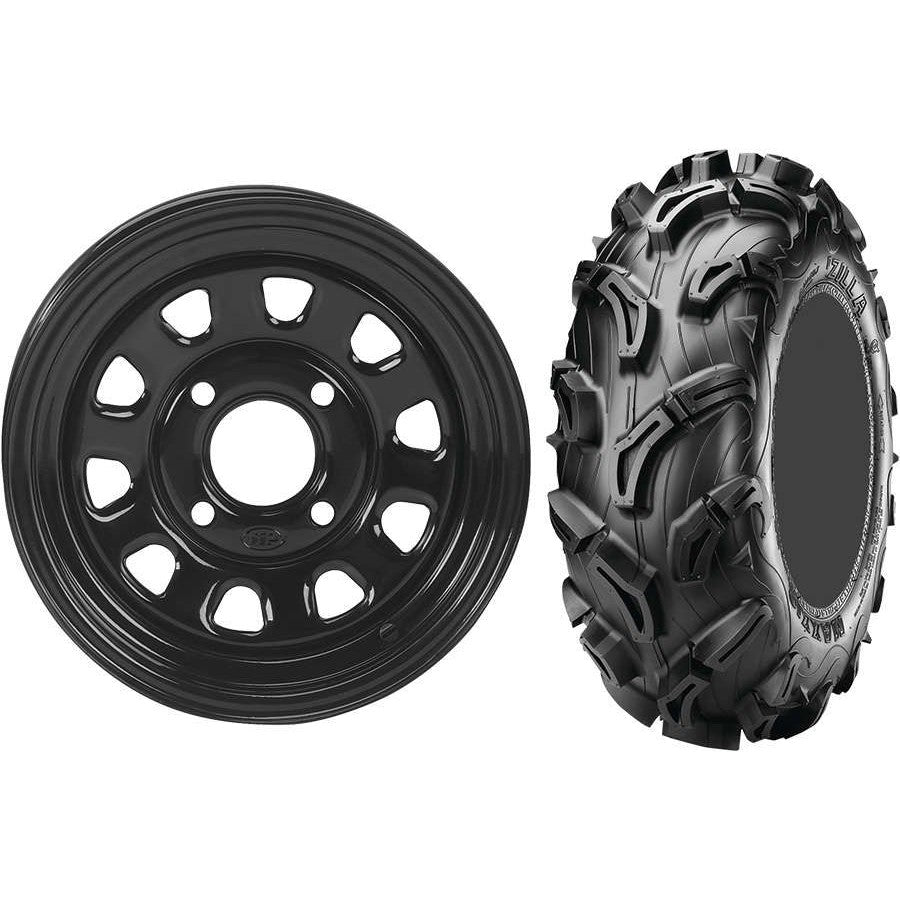 Set of 2 Mounted Wheel and Tire Kit Wheel: 12x7 5+2 4/110 Tire: 25x8-12 6 Ply