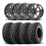 Juego de cuatro rines Bullite Lancer de 14" grises y neumáticos Kenda K3204R Klever XT [28x10R-14]