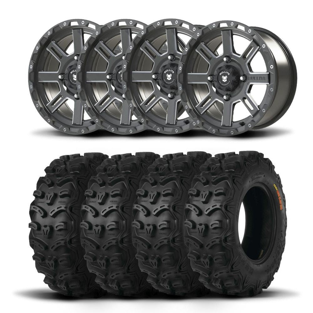 Set of Four Bullite Lancer Wheels 14" Gray And Kenda K587 Bearclaw HTR Tires [28x9R-14]