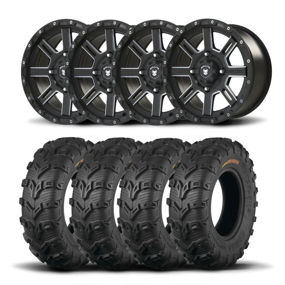 Set of Four Bullite Lancer Wheels 14" Black And Kenda K592 Bearclaw EVO Tires [28x9-14]