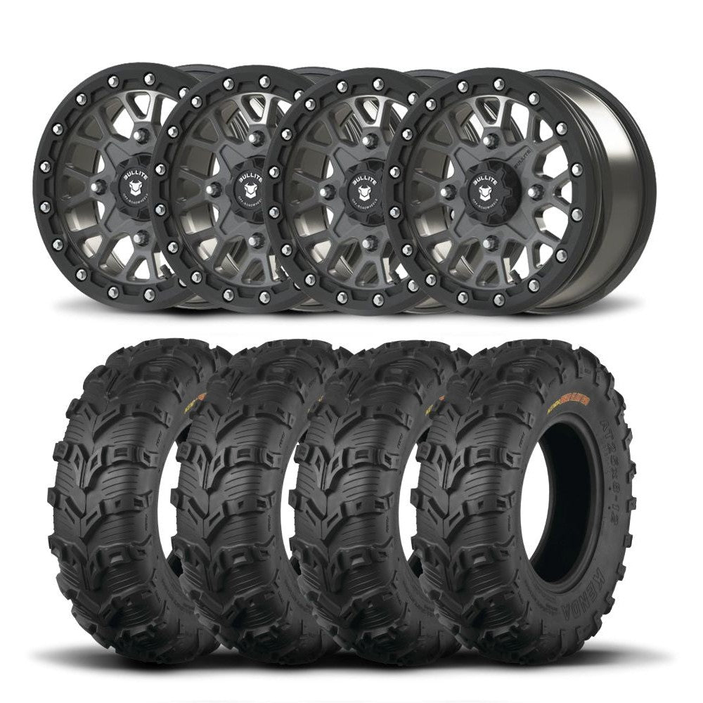 Set of Four Bullite Rider Wheels 14" Gray And Kenda K592 Bearclaw EVO Tires [28x9-14]