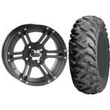 Set of 2 Mounted Wheel and Tire Kit Wheel: 12x7 5+2 4/110 Tire: 25x8-12 6 Ply