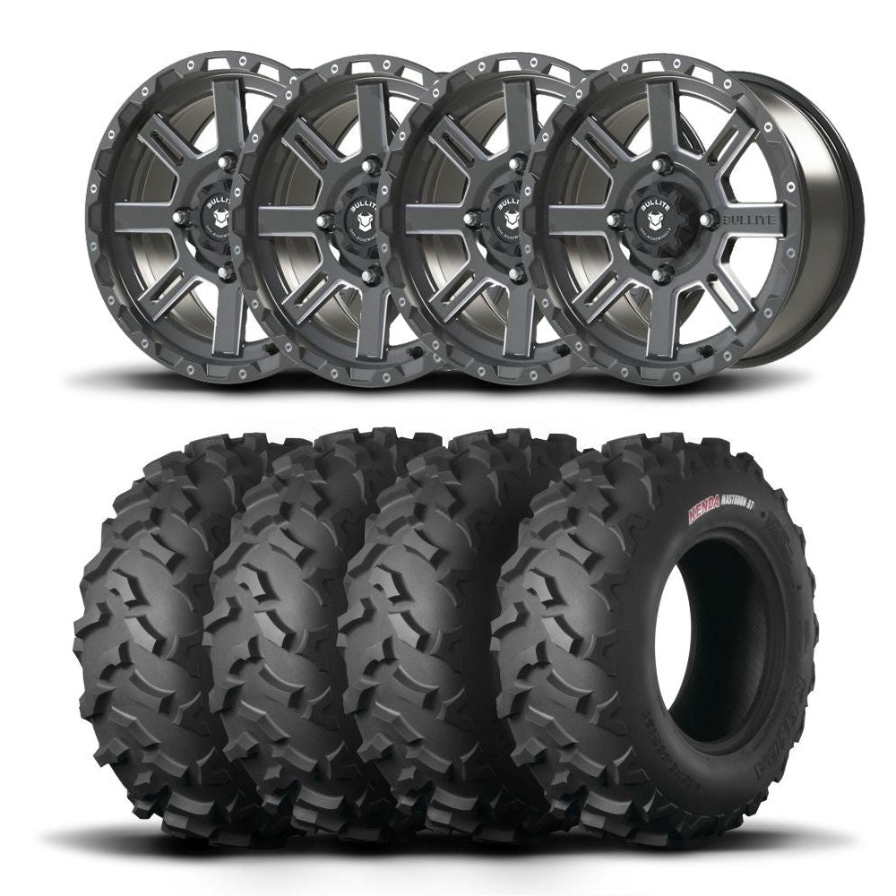 Set of Four Bullite Lancer Wheels 14" Gray And Kenda K3203 Mastodon AT Tires [28x9R-14]