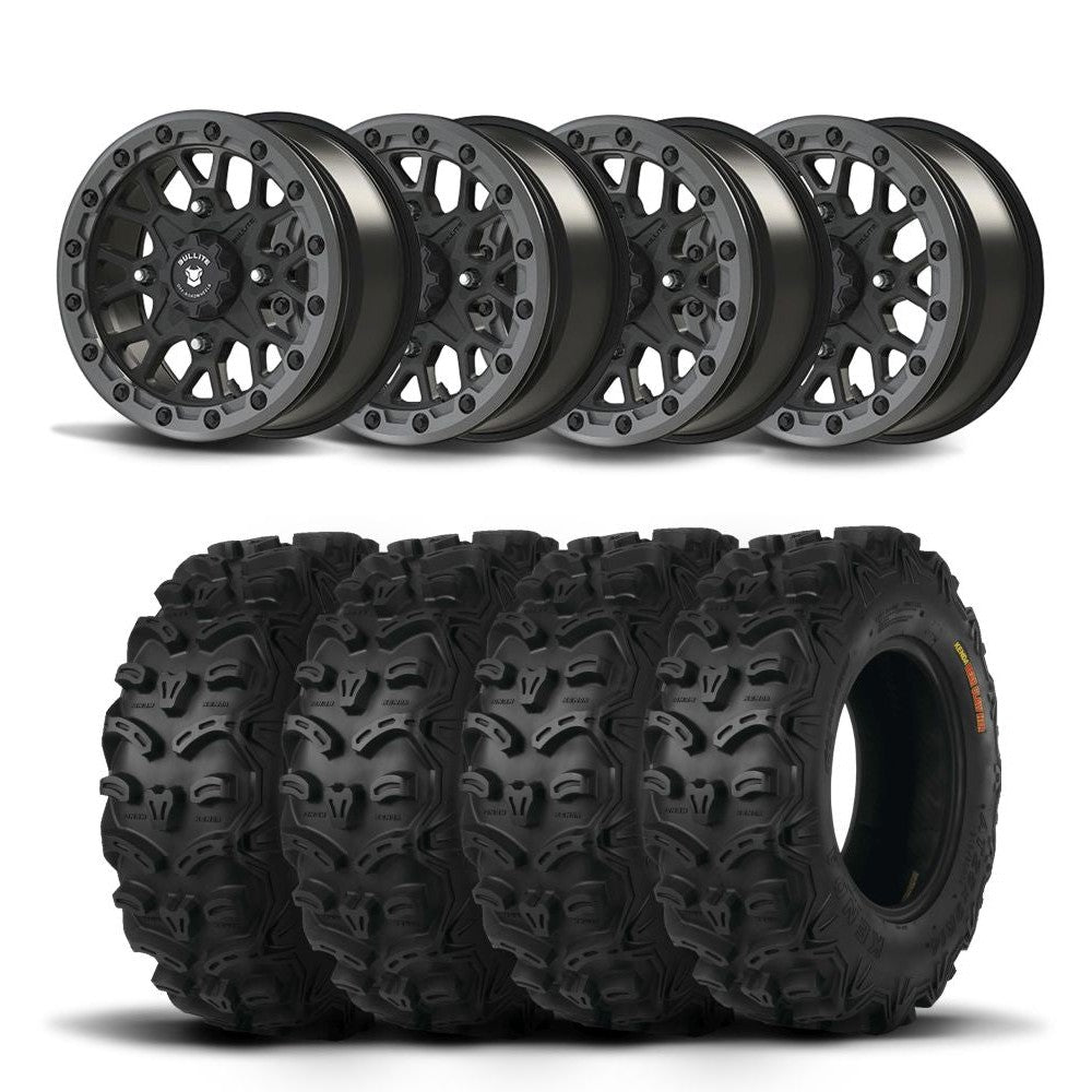 Set of Four Bullite Rider Wheels 14" Gray And Kenda K587 Bearclaw HTR Tires [28x9R-14]