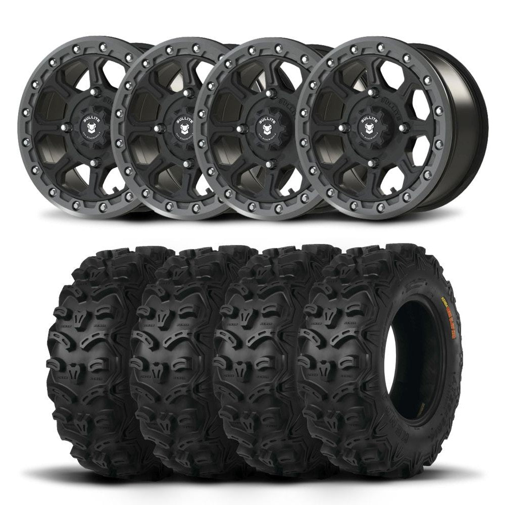 Set of Four Bullite Ruler Wheels 14" Gray And Kenda K587 Bearclaw HTR Tires [28x9R-14]