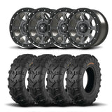 Juego de cuatro ruedas Bullite Ruler de 14" grises y neumáticos Kenda K592 Bearclaw EVO [26x11-14]