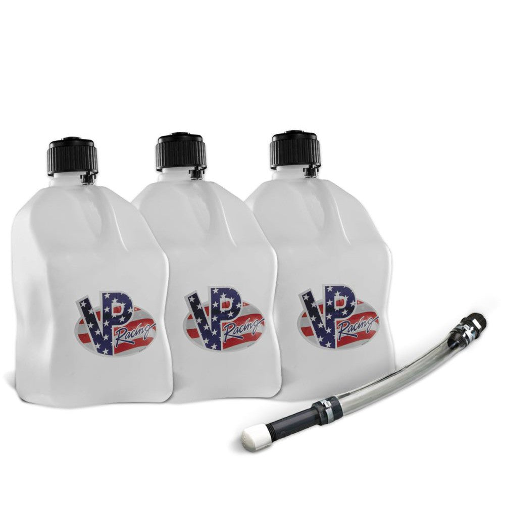 VP Racing 3 Pack Patriotic 5.5 Gallon Square Utility Jugs + Deluxe Fill Hose
