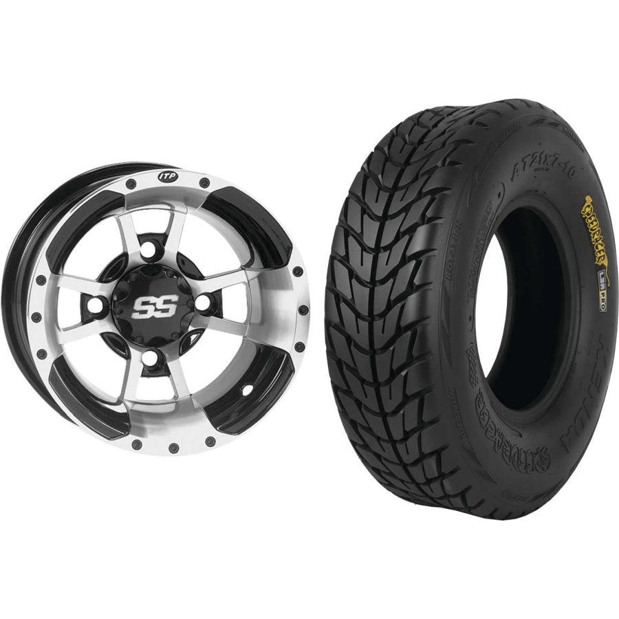 Set of 2 Mounted Wheel and Tire Kit Wheel: 10x5 3+2 4/144 Tire: 21x7-10 4 Ply