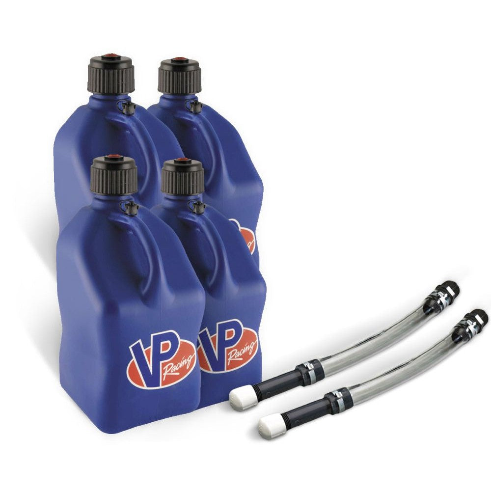 VP Racing 4 Pack Blue 5.5 Gallon Square Utility Jugs + 2 Deluxe Fill Hoses