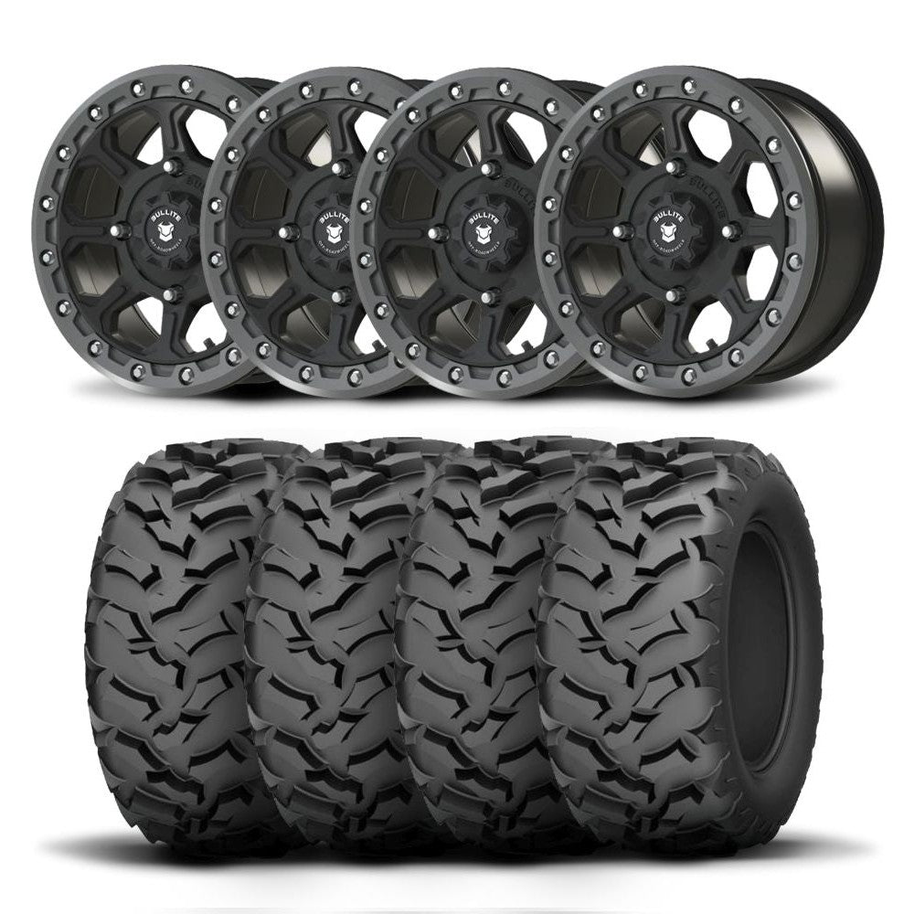 Set of Four Bullite Ruler Wheels 15" Gray And Kenda K3203 Mastodon AT Tires [35x10R-15]