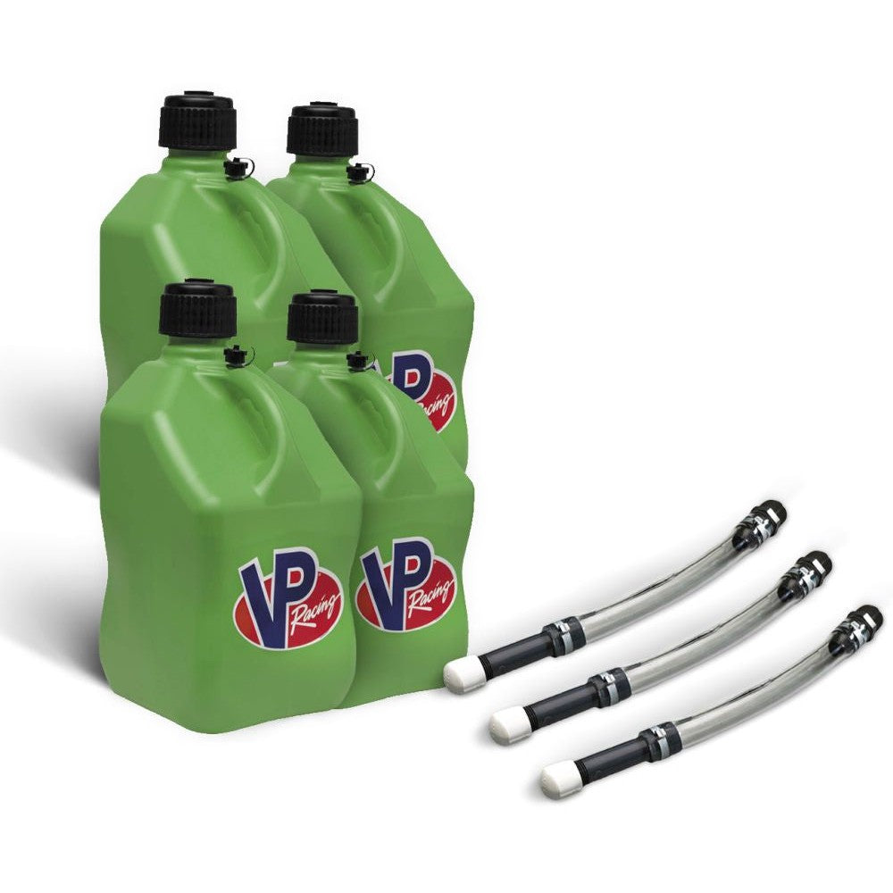 VP Racing 4 Pack Green 5.5 Gallon Square Utility Jugs + 3 Deluxe Fill Hoses