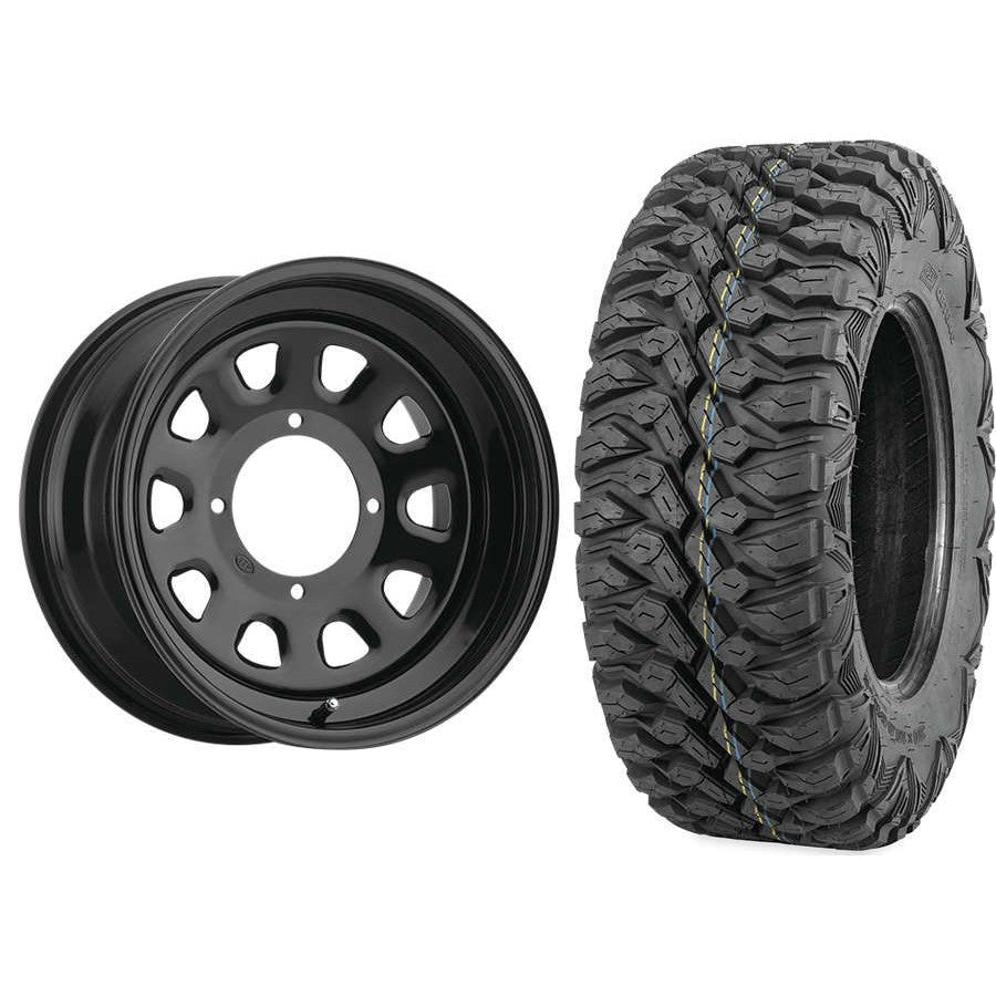Set of 2 Mounted Wheel and Tire Kit Wheel: 12x7 4+3 4/110 Tire: 25x8-12 8 Ply