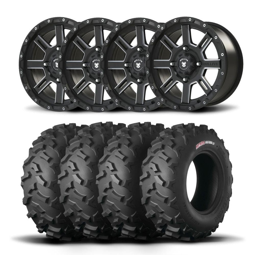 Set of Four Bullite Lancer Wheels 14" Black And Kenda K3203 Mastodon AT Tires [32x10R-14]