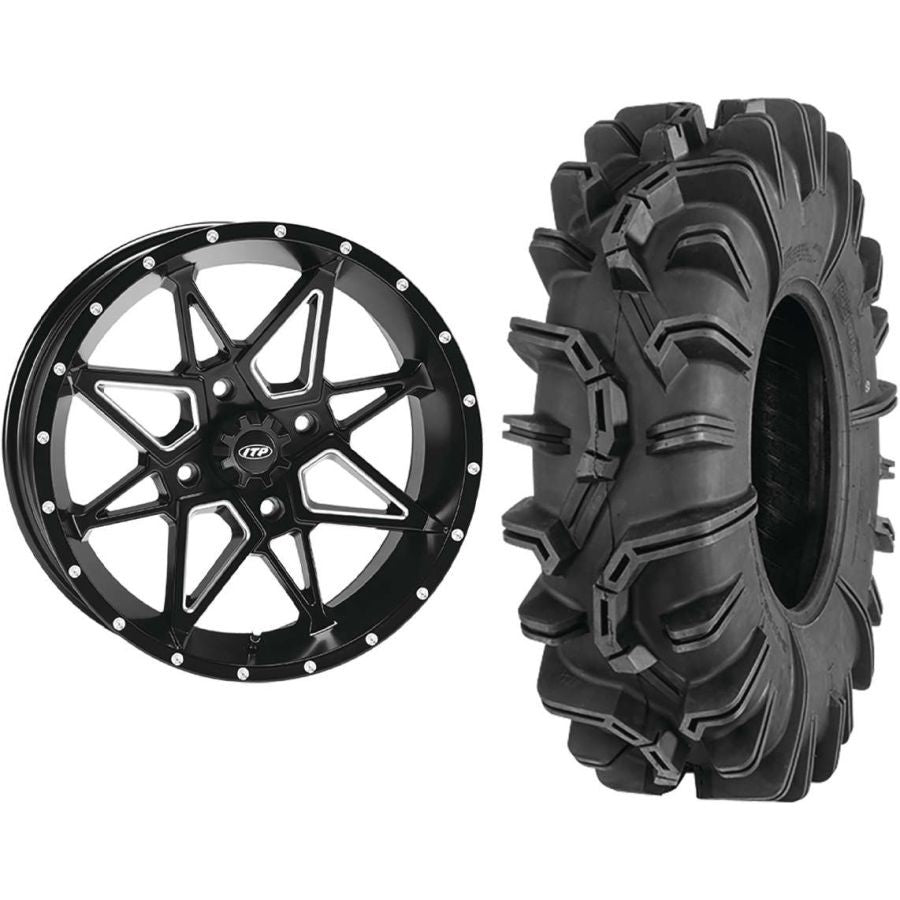 Set of 2 Mounted Wheel and Tire Kit Wheel: 14x7 4+3 4/156 Tire: 27x10-14 6 Ply