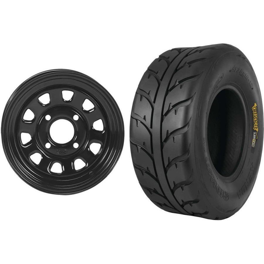 Set of 2 Mounted Wheel and Tire Kit Wheel: 12x7 4+3 4/156 Tire: 25x10-12 6 Ply