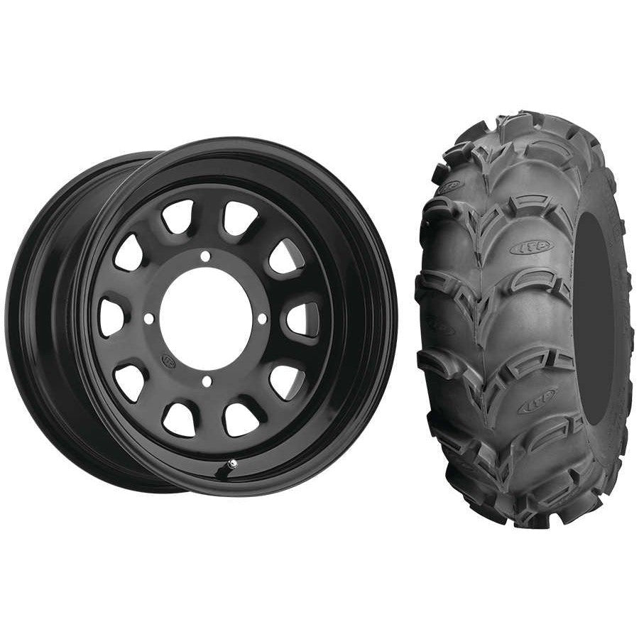 Set of 2 Mounted Wheel and Tire Kit Wheel: 12x7 2+5 4/110 Tire: 25x10-12 6 Ply