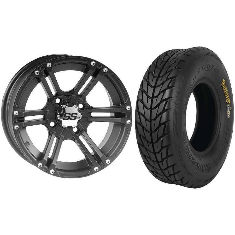 Set of 2 Mounted Wheel and Tire Kit Wheel: 12x7 5+2 4/110 Tire: 25x8-12 6 Ply