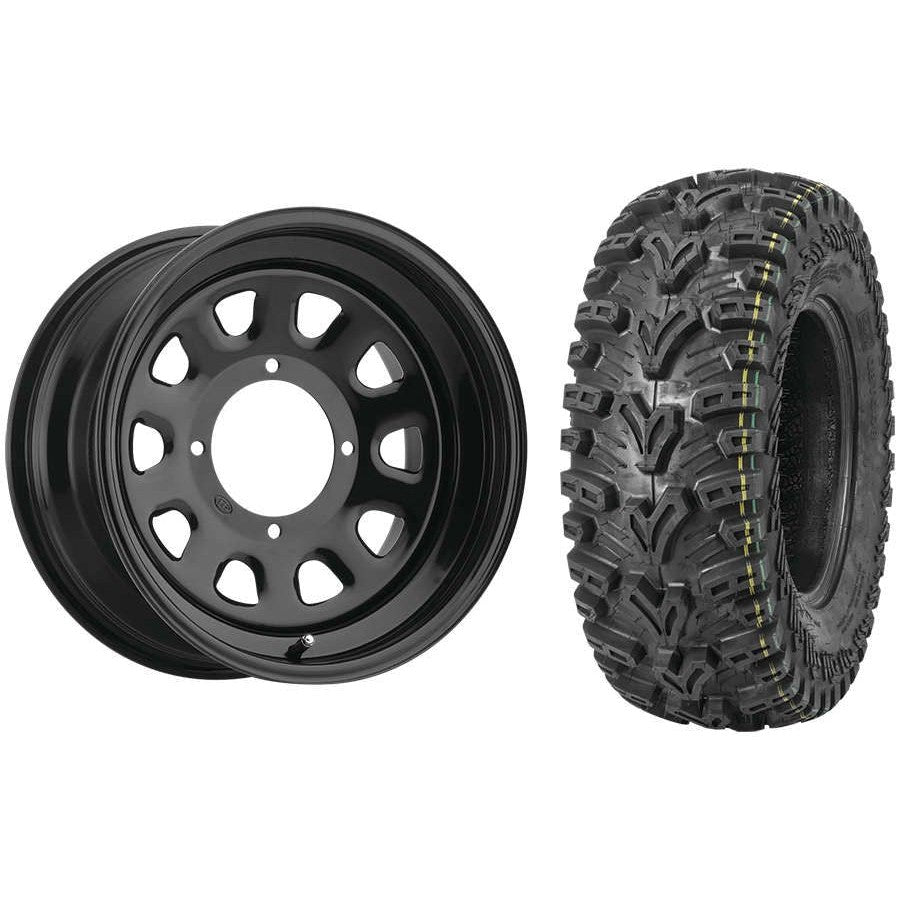 Set of 2 Mounted Wheel and Tire Kit Wheel: 12x7 5+2 4/110 Tire: 25x8-12 6 Ply