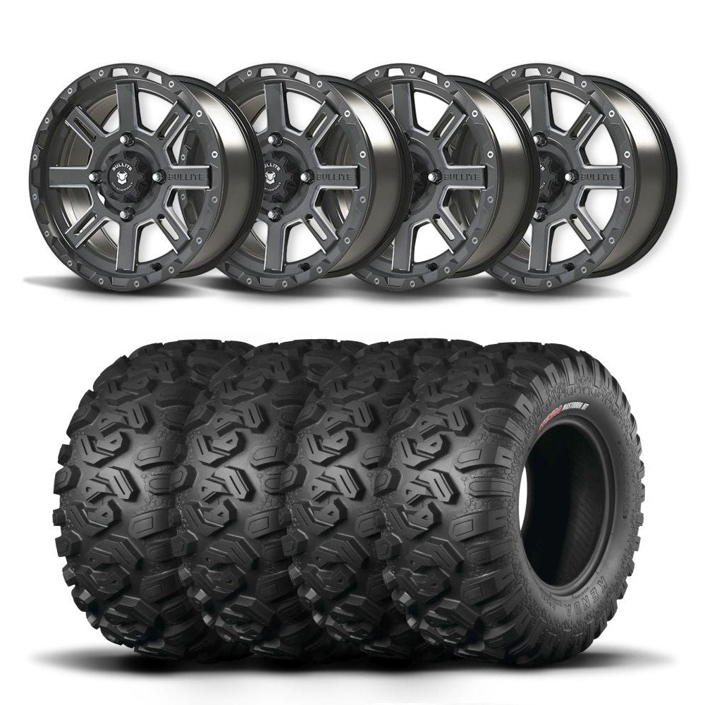 Set of Four Bullite Lancer Wheels 14" Black And Kenda K3201 Mastodon HT Tires [28x10R-14]