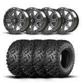Juego de cuatro rines Bullite Lancer de 14" negros y neumáticos Kenda K3201 Mastodon HT [32x10R-14]