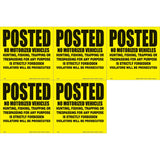Set of 5 Yellow Plastic Sign 11 1/4 Inch 024 Gauge Posted No Vehicles