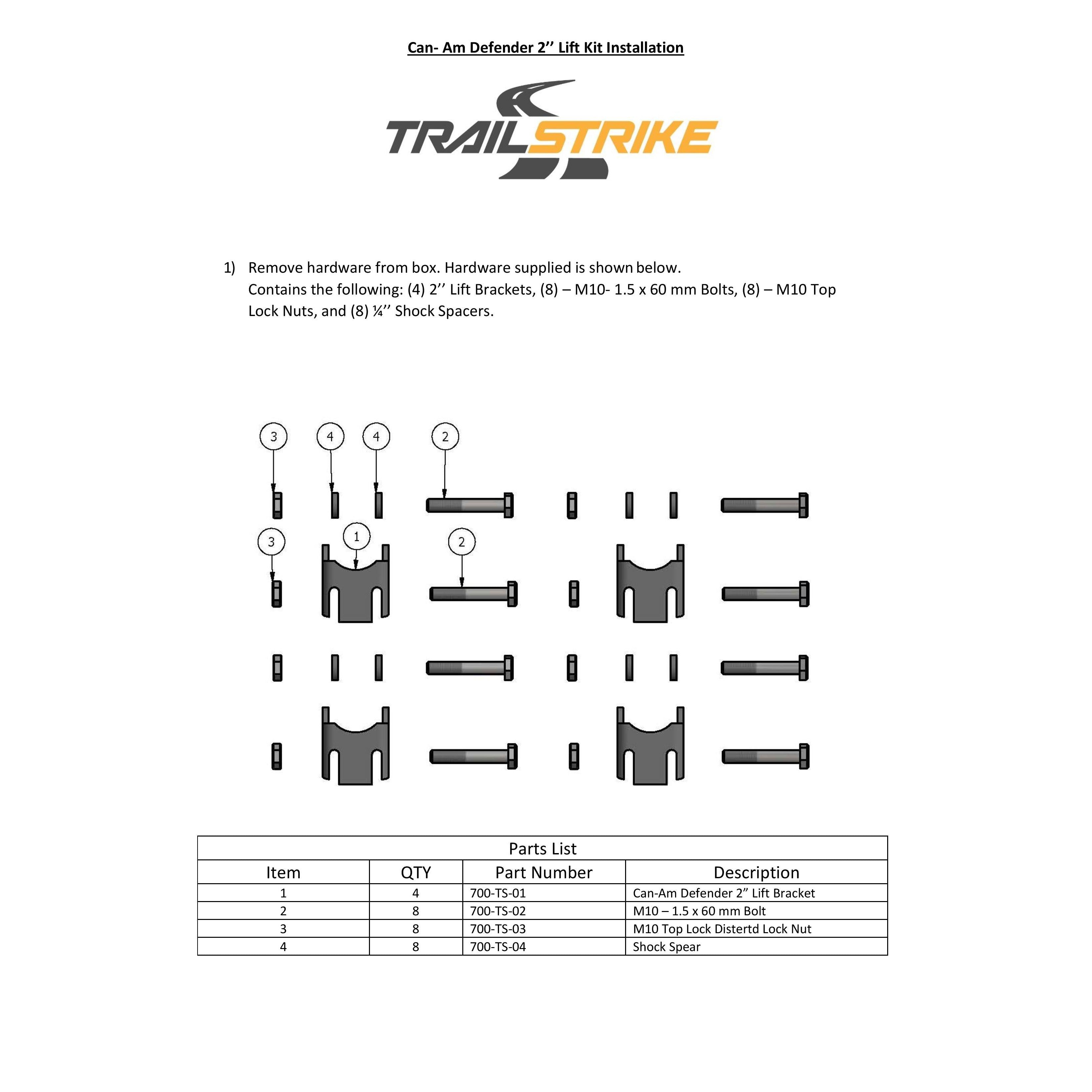 Trail Strike 1.75 Inch Lift Kit For 2016-2020 Can Am Defender 500/800/1000 Front and Rear - 4 Brackets and Hardware Included
