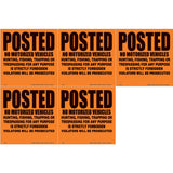 Set of 5 Orange Alunimum Sign 11 1/4 Inch 012 Gauge Posted No Vehicles