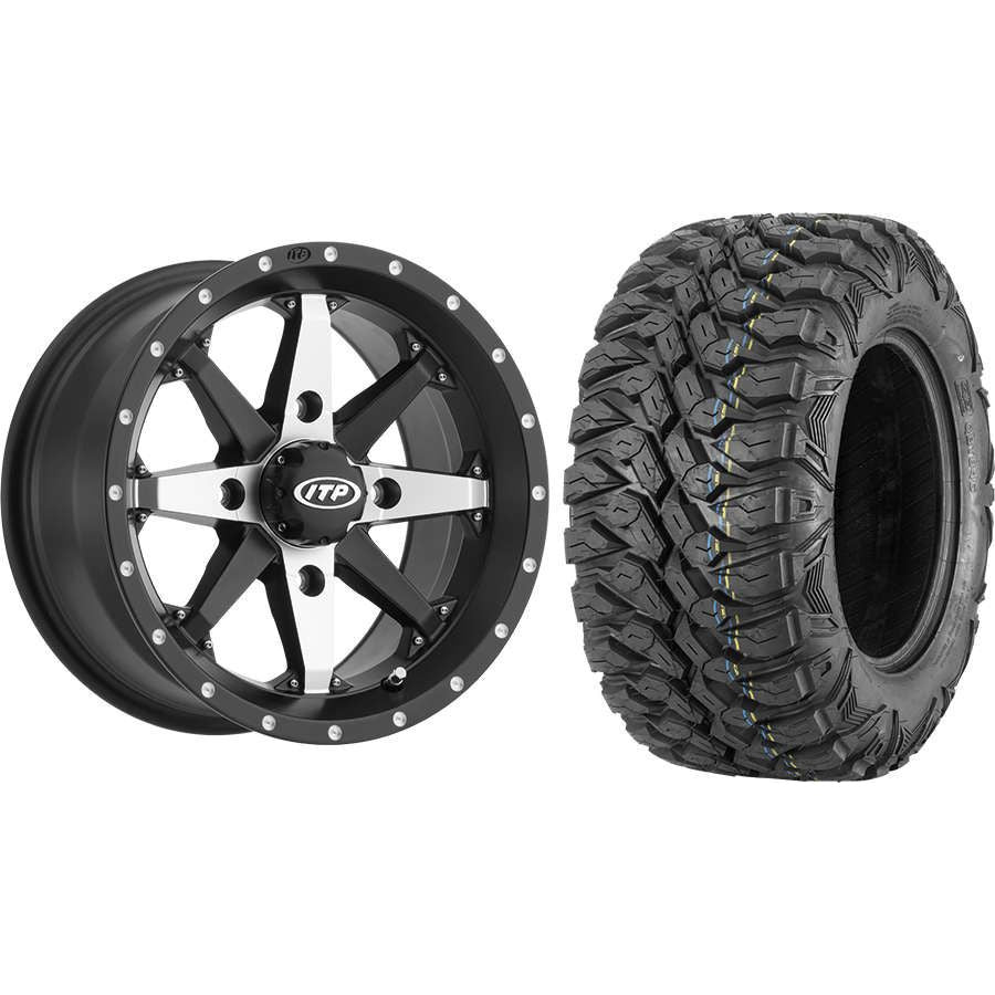 Set of 2 Mounted Wheel and Tire Kit Wheel: 14x7 5+2 4/156 Tire: 27x9-14 8 Ply