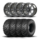 Juego de cuatro rines Bullite Lancer de 14" grises y neumáticos Kenda K3201 Mastodon HT [28x10R-14]
