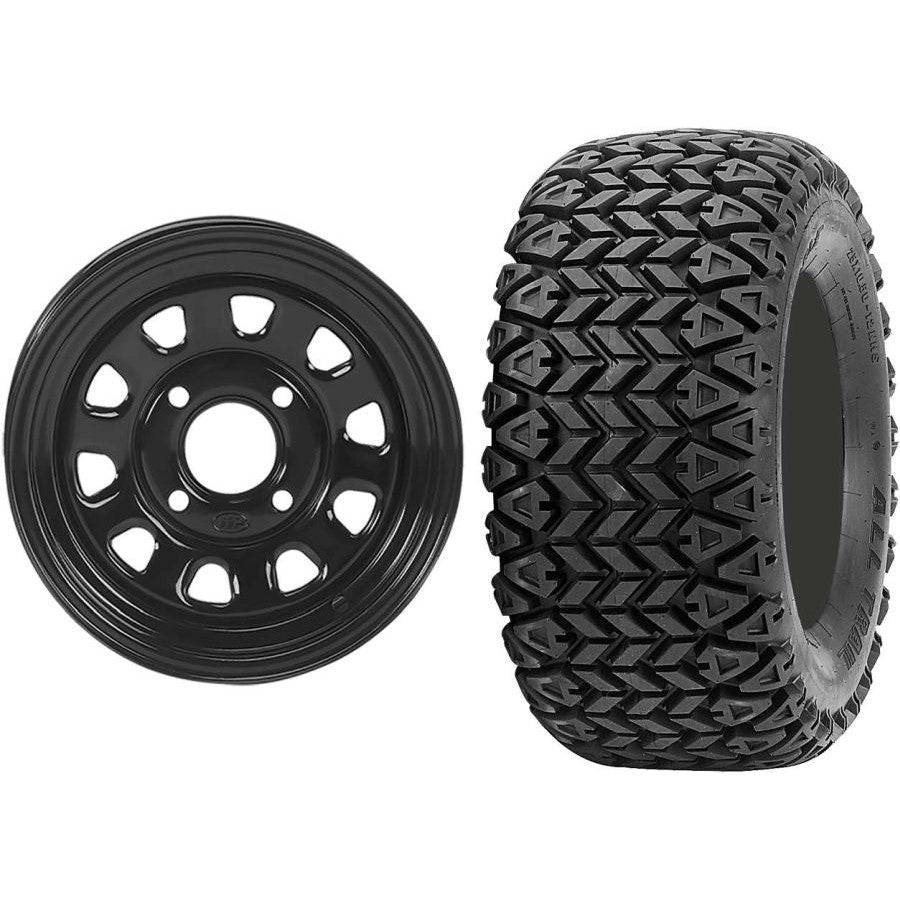 Set of 2 Mounted Wheel and Tire Kit Wheel: 12x7 4+3 4/137 Tire: 25x8-12 4 Ply