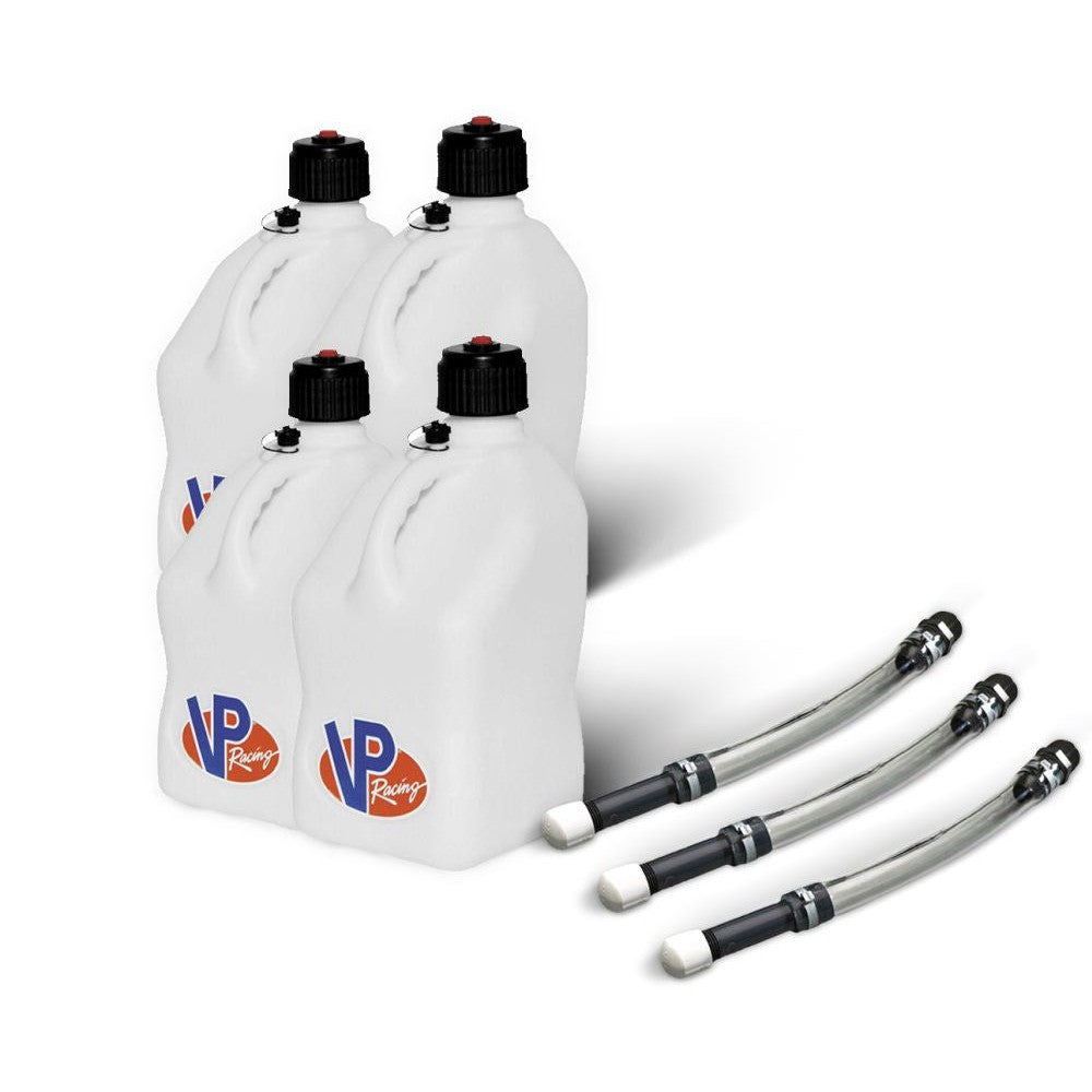 VP Racing 4 Pack White 5.5 Gallon Square Utility Jugs + 3 Deluxe Fill Hoses