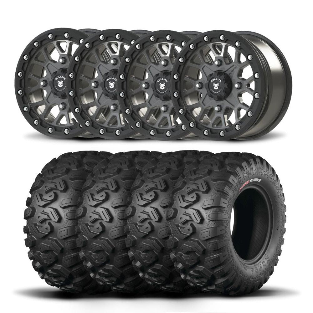 Set of Four Bullite Rider Wheels 14" Gray And Kenda K3201 Mastodon HT Tires [26x9R-14]